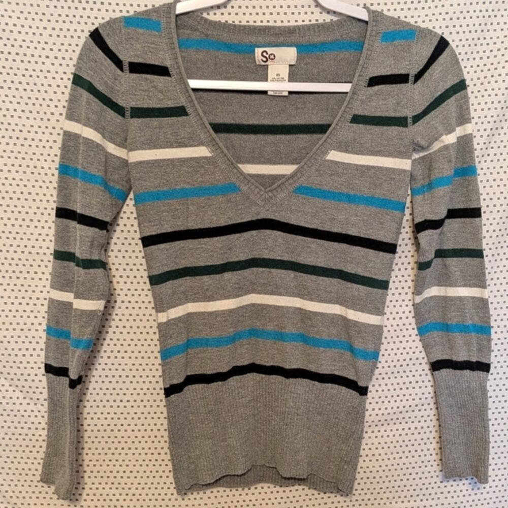 Y2K SO Gray/Green/Black/Blue Striped V Neck Sweater